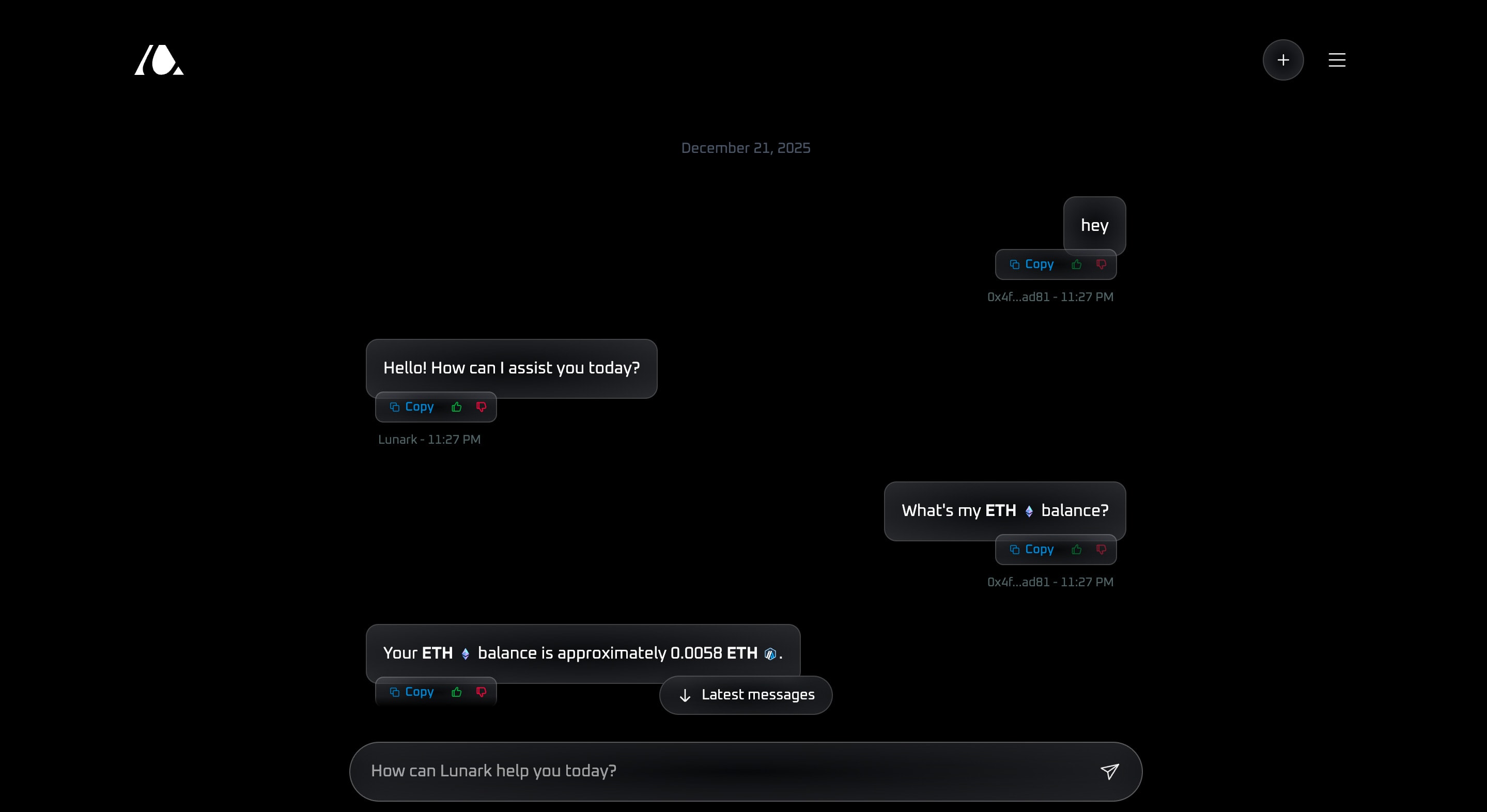 Lunark chat interface showing natural language balance check