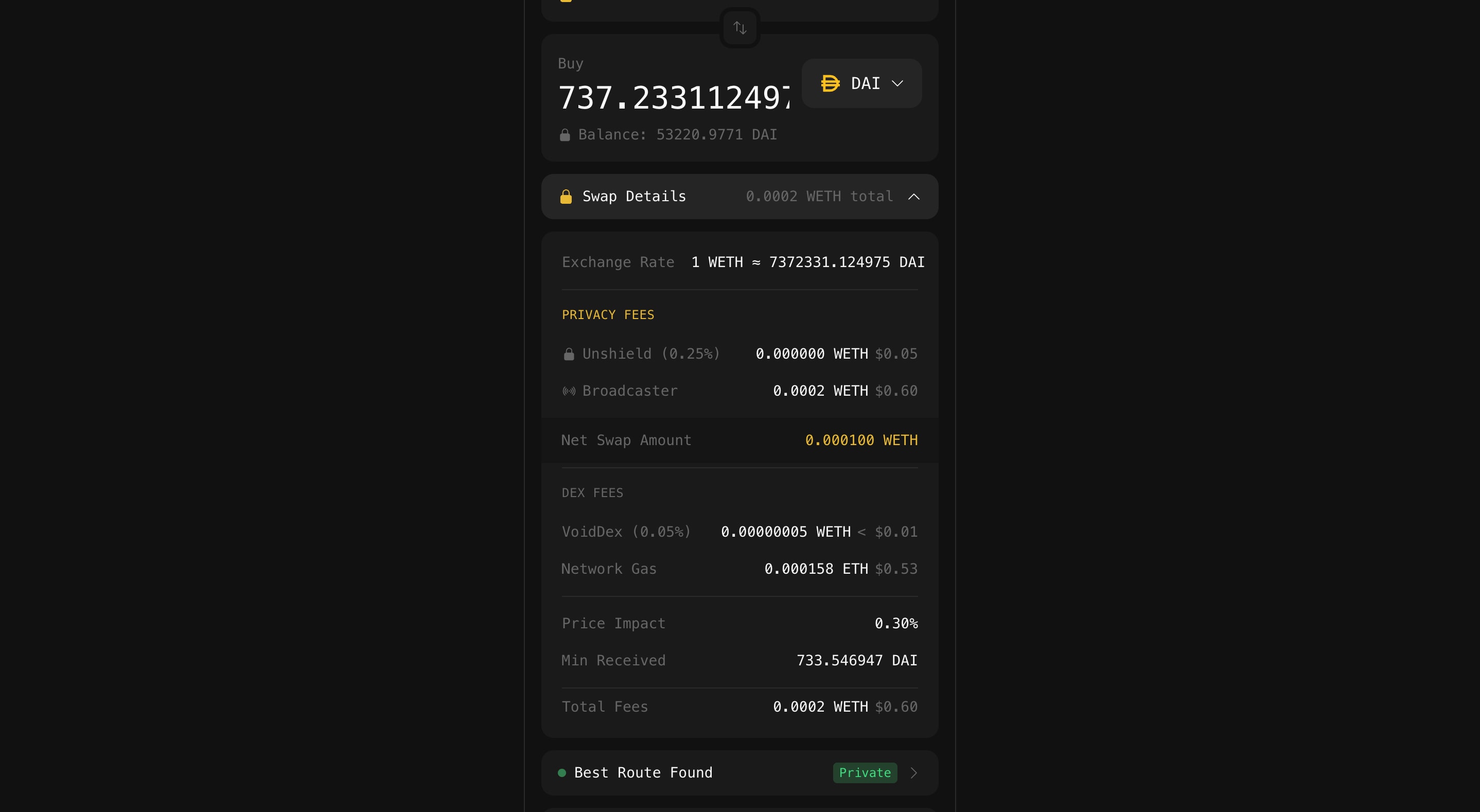 Swap details and quote