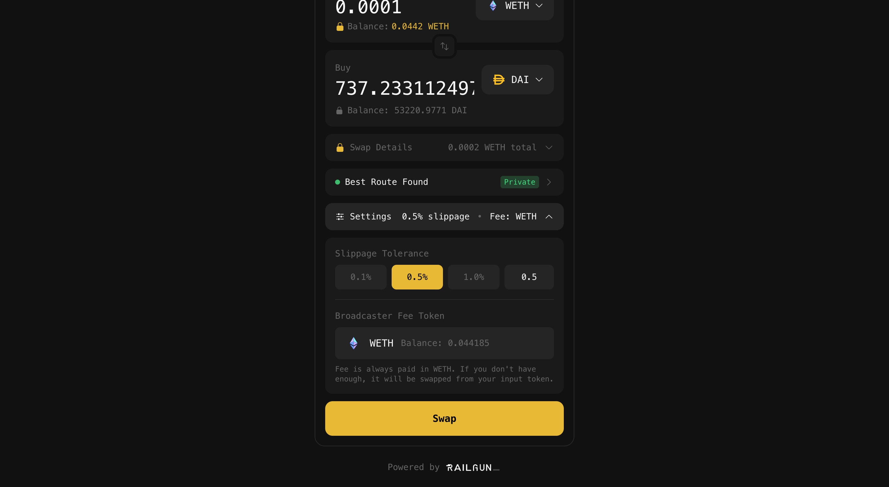 Swap settings showing fee configuration
